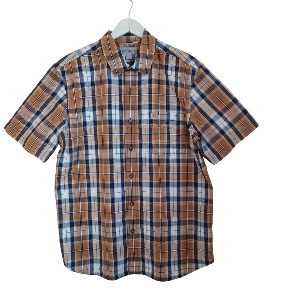 Carhartt Mens Relaxed Fit Plaid Short Sleeve Button Down Shirt Brown Blue L